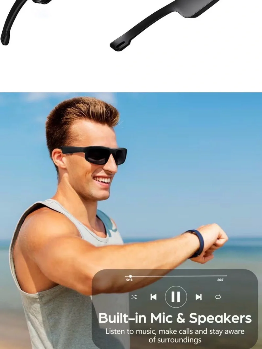 Wireless Audio Shades — Black Sunglasses with Built-in Mic & Speakers